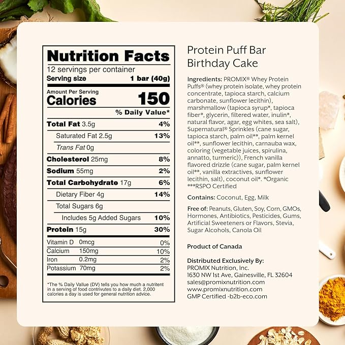 Promix Protein Puff Bars, 12-Pack - Birthday Cake - Marshmallow Crispy Treat - Great Tasting & Healthy On The Go Snack - High Protein & Low Calorie - Non-GMO & Free From Gluten, Soy, & Corn