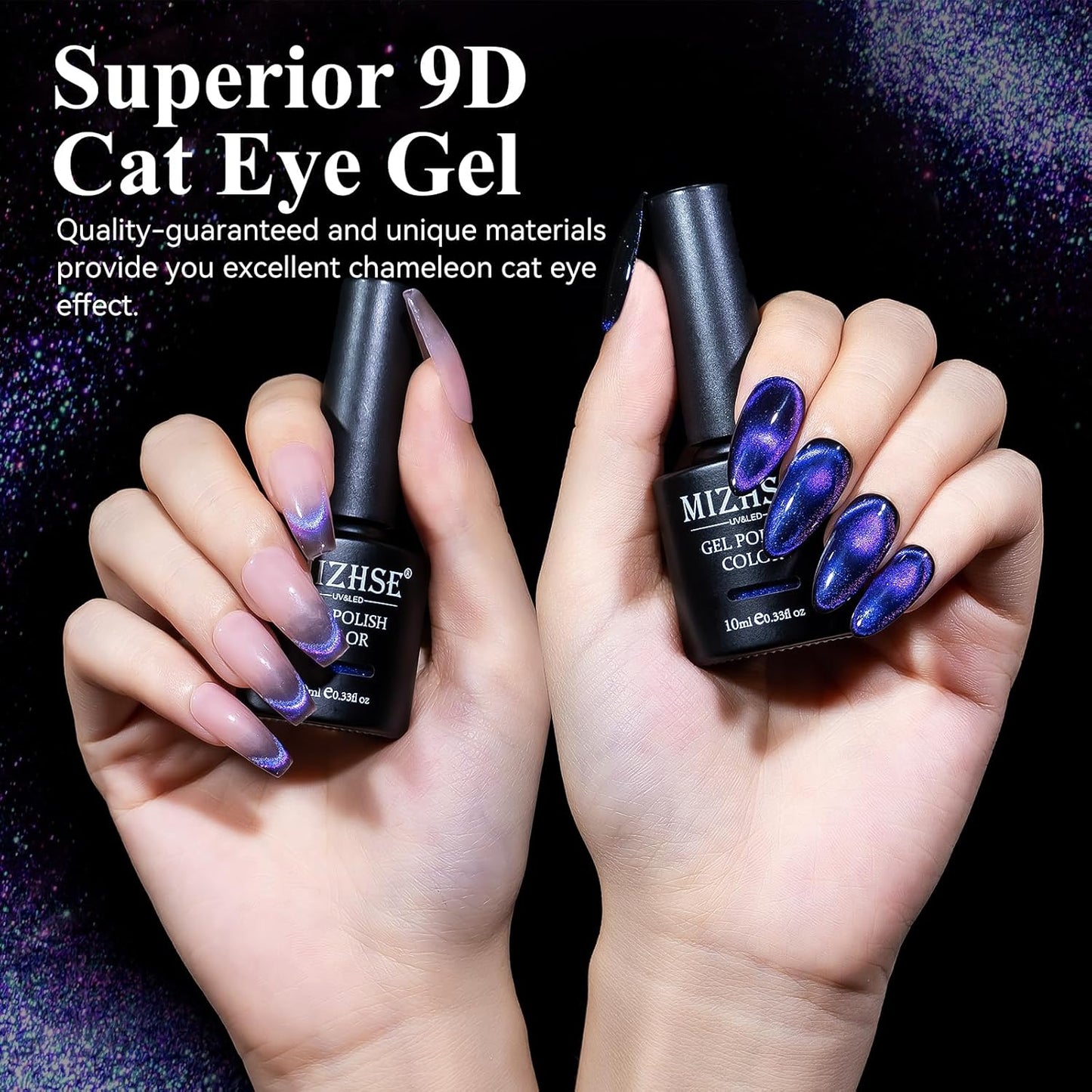MIZHSE 9D Cat Eye Gel Nail Polish, Dual Colors Purple & Pink Magnetic Gel Polish with Magnet Stick, Magic Chameleon Galaxy Effect Holographic Glitter Silky Cat Eye Nail Polish Soak Off Nail Art Salon