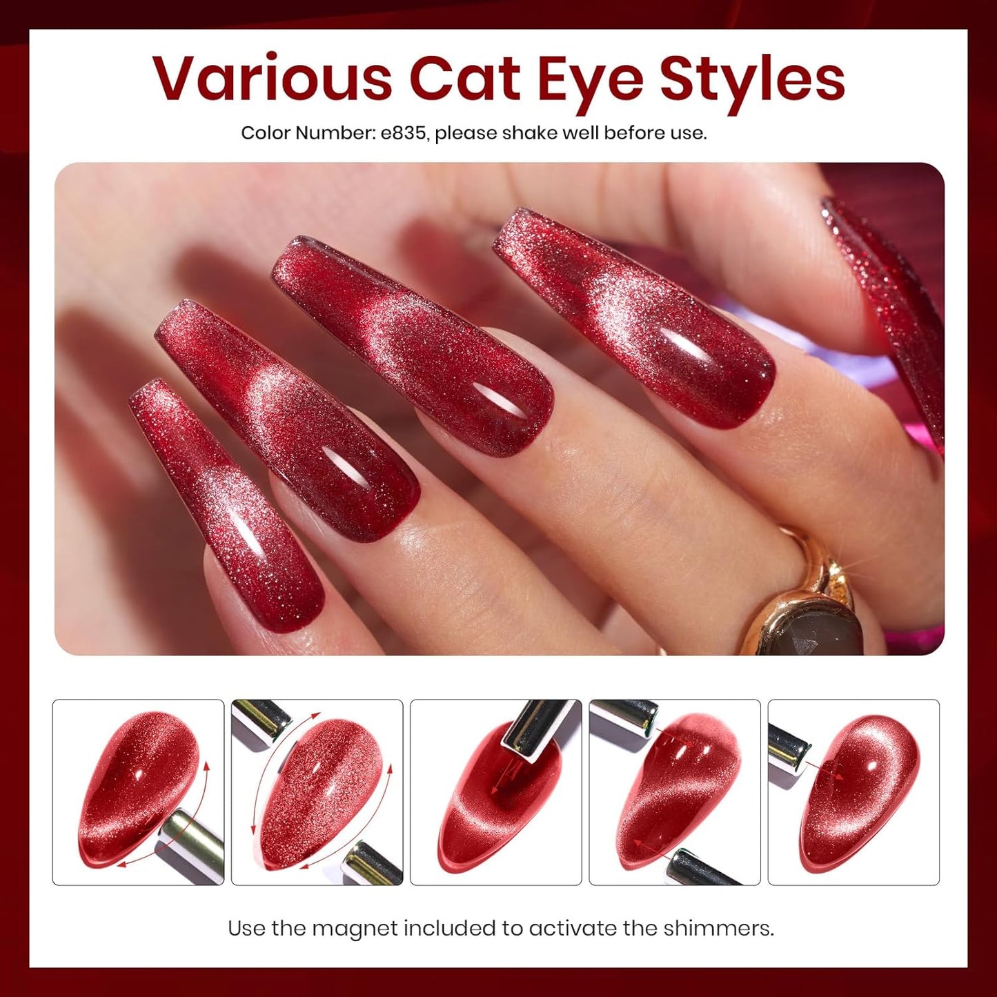 Beetles Red Gel Nail Polish Set, 6 Colors Cat Eye Glitter Burgundy Bright Jelly Nail Polish Set with Magnet, Soak Off LED Lamp DIY Salon at Home Manicure Gifts for Women Red Revival