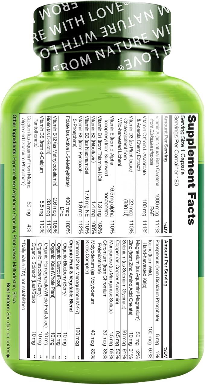 NATURELO One Daily Multivitamin for Men - with Vitamins & Minerals + Organic Whole Foods - Supplement to Boost Energy, General Health - Non-GMO - 180 Capsules