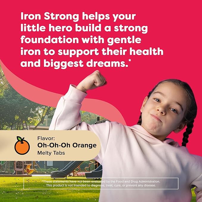 Renzo's Iron Supplements for Kids - Dissolvable Vegan Iron Supplement with Vitamin C - Sugar Free, Oh-Oh-Oh Orange Flavor, 90 Melty Tabs