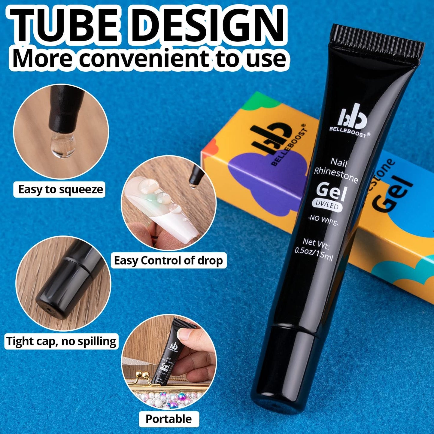 Nail Art Rhinestone Glue Gel&Flatback Gems Accessories Kit, 1 Tube of 15ml Rhinestone Gel Glue(UV/LED Needed)+1 Box of Flat-Back Half Round Beige AB Pearls with Pickup Pencil and Tweezer