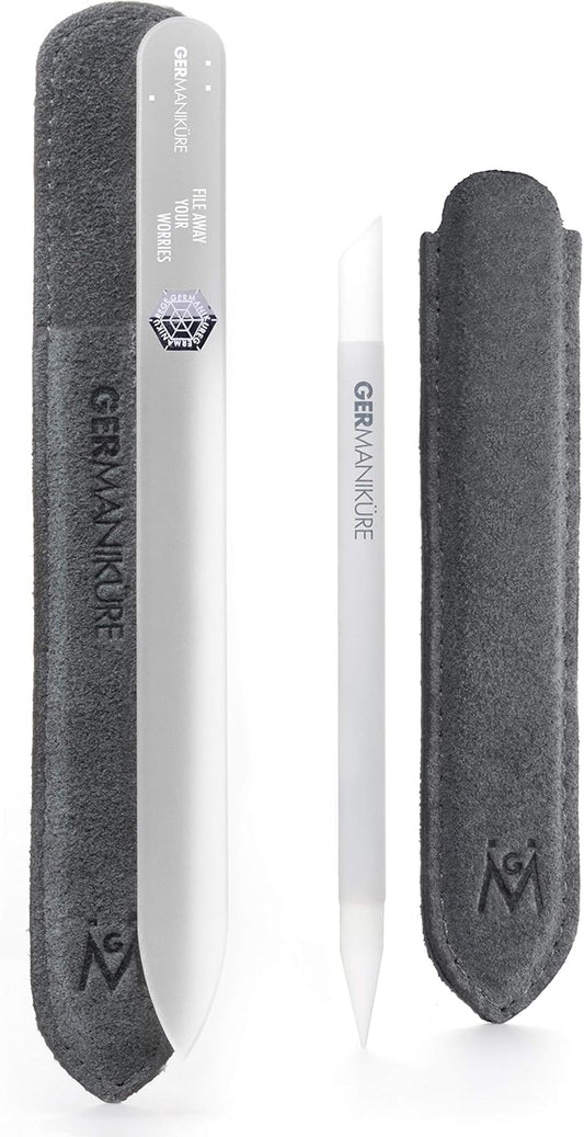 GERMANIKURE 2 Pc Glass Bundle - Crystal Glass Cuticle Stick & File Away Your Worries Nail File in Suede Sleeves – Handmade in Czech Republic – Pro Manicure Supplies – Cuticle Pusher, Callous Remover