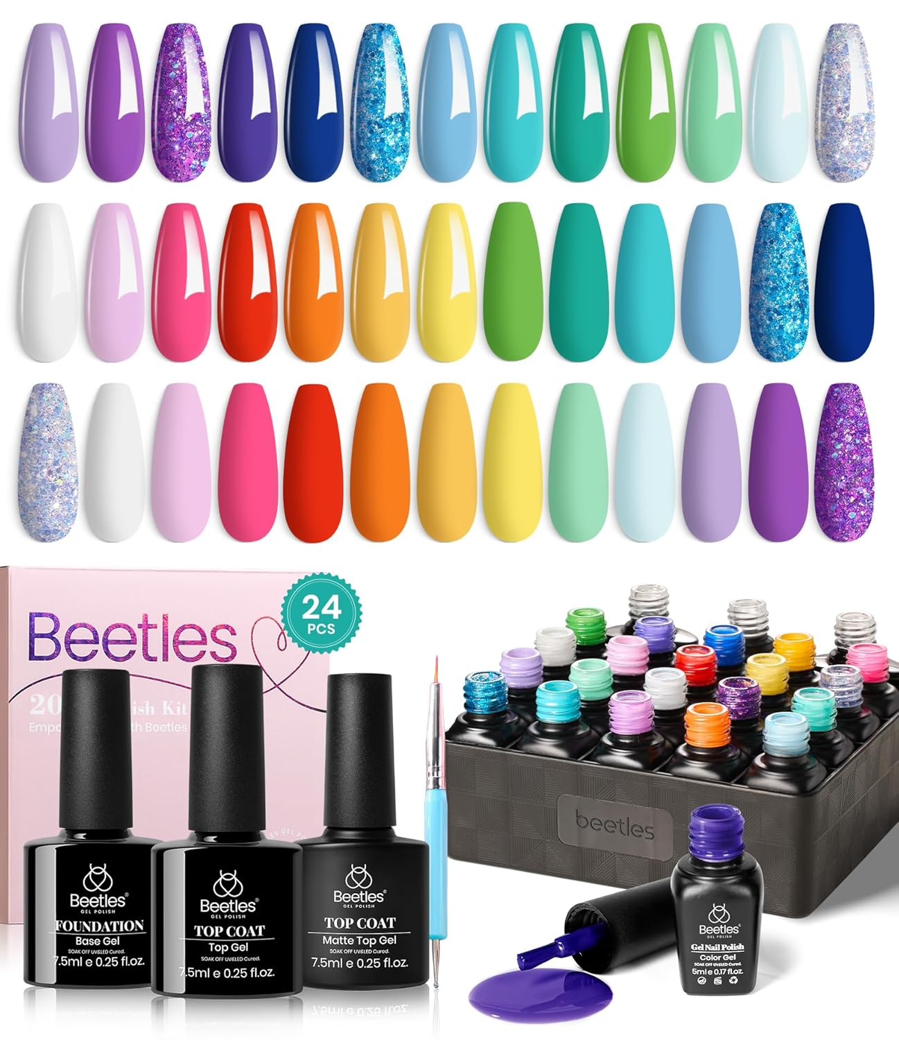 Beetles Halloween Gel Nail Polish Set, 24 Pcs Purple Blue Hot Red Gel Nail Polish Green Glitter Gel Polish Unicorn Collection Soak off UV with Glossy & Matte Top Base Gift for Women