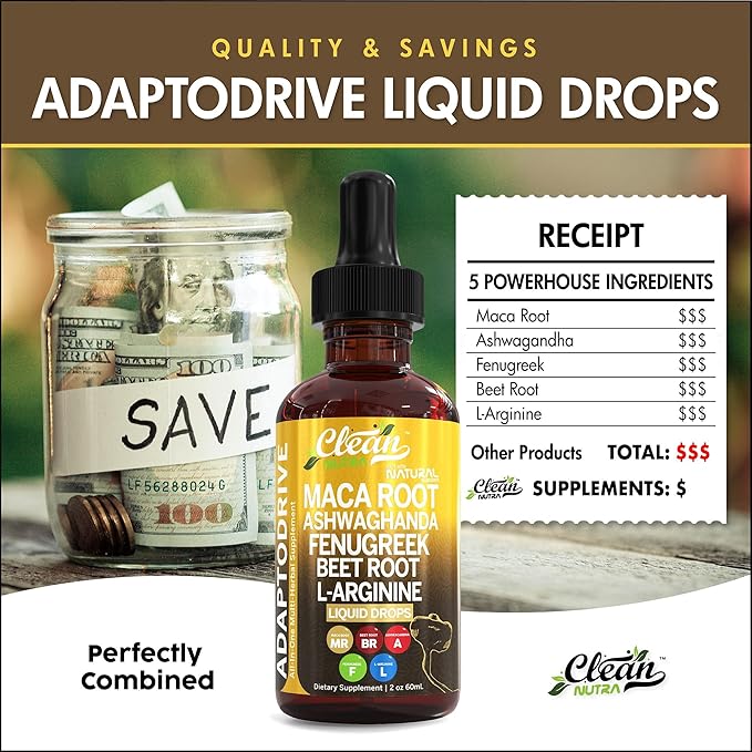 Organic Maca Root Liquid Drops with Ashwagandha, Fenugreek, Beet Root and L-Arginine Liquid Multivitamin for Women and Men - Adapto Drive by Clean Nutra