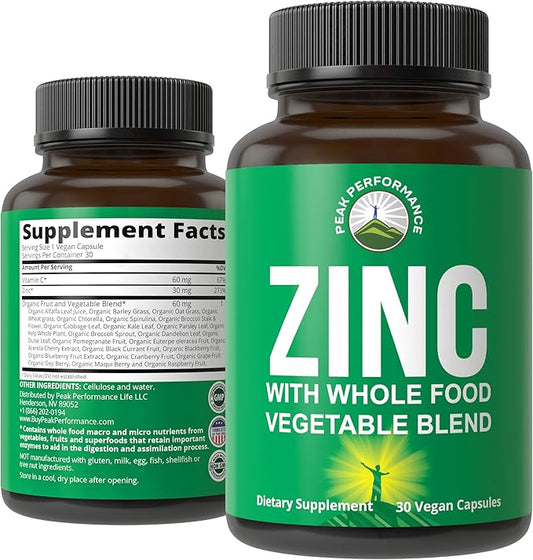 Vegan Zinc Supplement with Vitamin C + Whole Food Blend of 25 Vegetables and Fruits for Max Absorption. Zinc Supplements Zinc 30mg Capsules, Pills, Tablets, Vitamins for Adults Both Men and Women