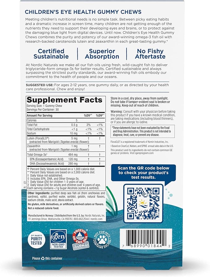 Nordic Naturals Children’s Eye Health Gummies, Strawberry Lemonade - 30 Gummies for Kids - 484 mg Total Omega-3s DHA, Lutein & Zeaxanthin - Brain Health, Antioxidant Support, Non-GMO - 30 Servings