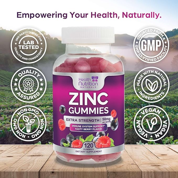 Zinc Gummy for Adults 50mg, Max Strength Bone, Skin & Immune Support Zinc Gummies, Vegan, Non-GMO & Gluten Free, Immune Health Support, Nature’s Antioxidant Chewable Zinc Vitamins - 120 Gummies