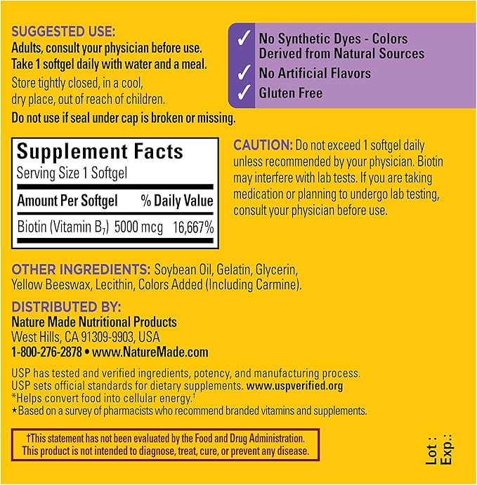 Nature Made Maximum Strength Biotin 5000 mcg, Dietary Supplement may help support Healthy Hair, Skin & Nails, 120 Softgels