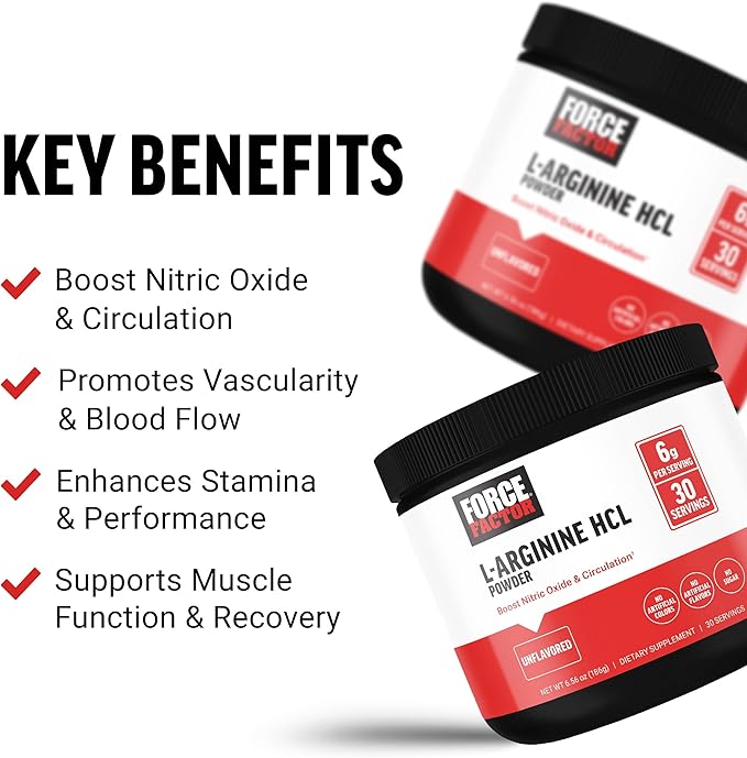 FORCE FACTOR L Arginine HCL, L-Arginine Supplement to Boost Nitric Oxide for Better Circulation, Blood Flow, and Muscle Pumps, L Arginine Powder 6000mg, Unflavored, 30 Servings