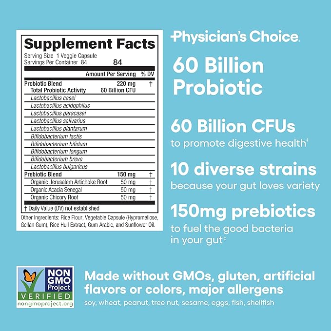Physician's CHOICE Probiotics 60 Billion CFU - 10 Strains + Organic Prebiotics - Immune, Digestive & Gut Health - Supports Occasional Constipation, Diarrhea, Gas & Bloating - for Women & Men - 84ct