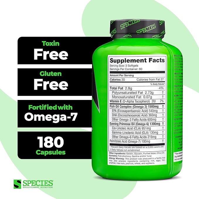 Species Nutrition Omegalyze Support Supplements, Essential Fatty Acid Formula, Supplement to Help Maximize Recovery, Omega 3,6 and 7 Formula,180 Capsules