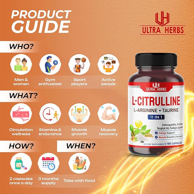 L-Citrulline Supplement Capsules Enriched with L-Arginine, Taurine, Creatine, Tongkat Ali, Fadogia Agrestis | Ultra Nitric Oxide Booster for Muscle Endurance, Stamina & Recovery | 180 Capsules
