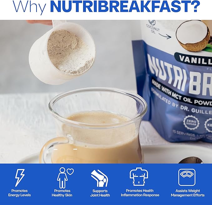 NutriBreakfast by Nutrillermo/Keto Protein Vanilla Latte Collagen Powder with MCT Oil/MCT Oil Powder with Collagen/Keto Collagen Peptides Powder with Grass-Fed Bovine Collagen Type I & III-15 Servings