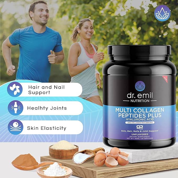 DR. EMIL NUTRITION Multi Collagen Peptides Powder - 20g of Unflavored Hydrolyzed Collagen Protein Powder with Hyaluronic Acid for Hair, Skin, Nails and Joints - 30 Servings