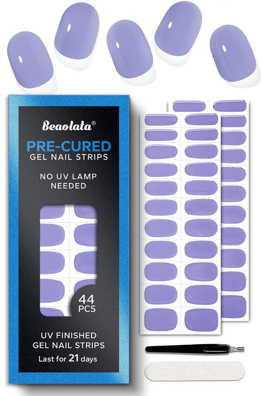 Pre Cured Gel Nail Strips - 44PCS Salon Quality Gel Nail Stickers - Long Lasting Polish Wraps for Women no UV Light Needed Easy Apply& Remove (Royal Purple)