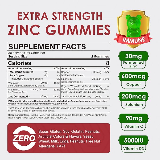 Zinc Gummies 30mg, High Absorption Fermented Zinc Supplements + Copper, Selenium, Vitamin C & D, Black Elderberry, Zinc Complex for Daily Immune Support, Powerful Antioxidant, Vegan, Sugar Free 2 Pack