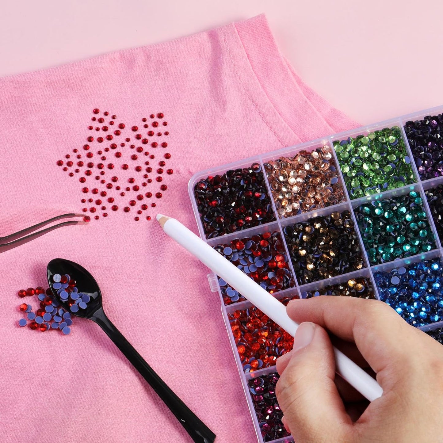 Hotfix Rhinestones Mixed 24 Colors, SS16 Rhinestones for Crafts Clothes, Hotfix Crystals with 1 Tweezers, 1 Wax Pencil and 1 Spoon