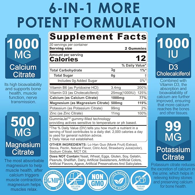 Calcium Citrate 1000mg Filled Gummies + Vitamin D3, Magnesium, Potassium, Zinc & B6 - Bones Strength, Muscle & Immune Support - Sugar Free Calcium Supplement for Women Men, Vegan Calcium Chews, 60Cts