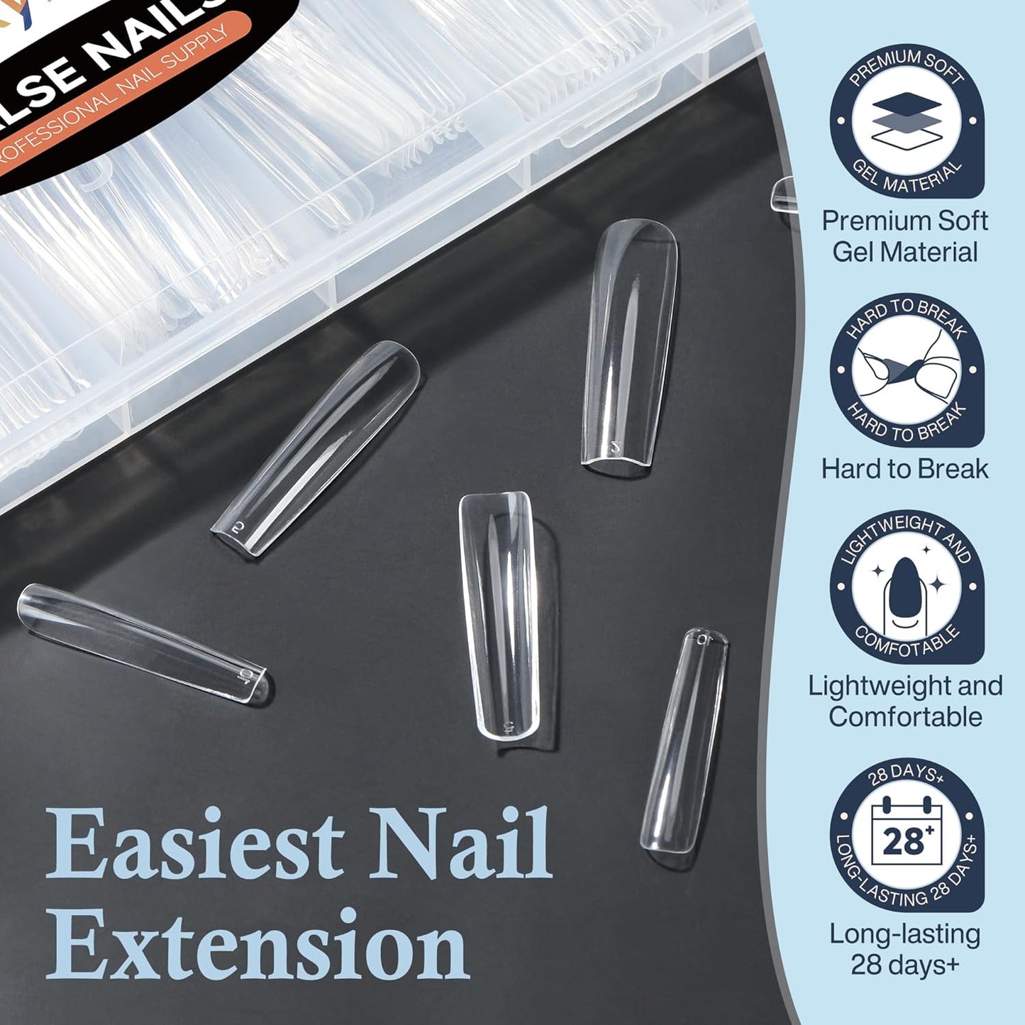 Tapered Square Nail Tips, XXL 240Pcs 12 Sizes Full Cover Fake Nails Extra Long Straight Nail Tips No C Curve Gel Nails Clear Gel Nails Tips Nail Extension for DIY Nail Art