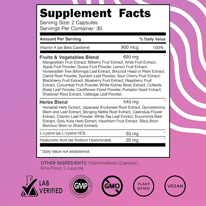 Vital Vitamins Vegan Collagen Booster - Plant Collagen Supplements - Supports Hair, Skin, Nails & Joints - with Hyaluronic Acid - 60 Capsules