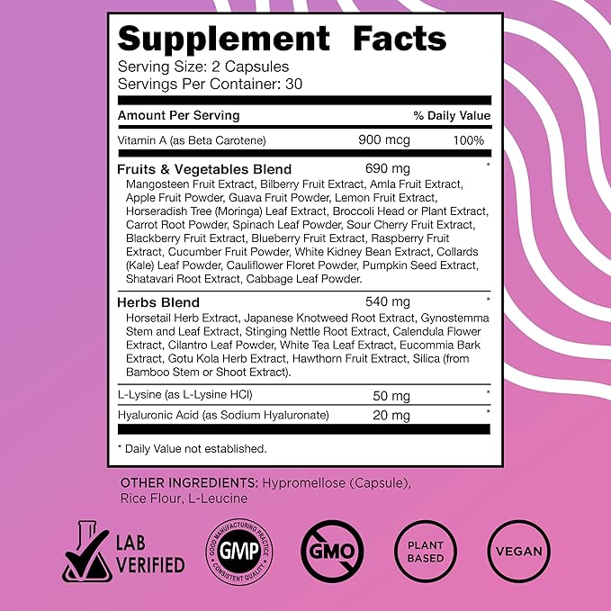 Vital Vitamins Vegan Collagen Booster - Plant Collagen Supplements - Supports Hair, Skin, Nails & Joints - with Hyaluronic Acid - 60 Capsules