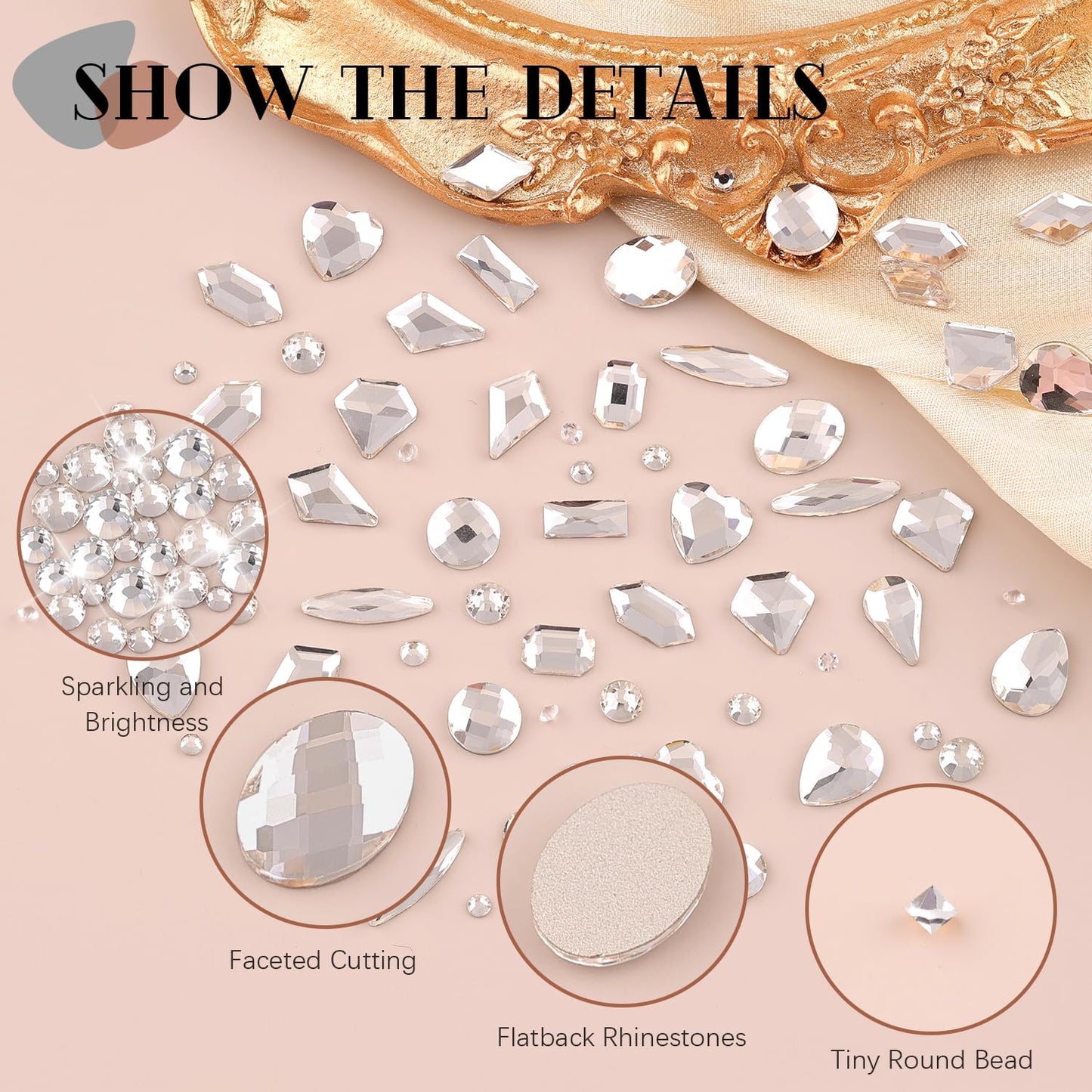 Silver Clear Nail Rhinestones 2680Pcs - Multi Shapes Glass Flatback Gems + 2560Pcs 1.5-4mm Round Crystal with Rhinestones Glue Gel, Manicure Nail Charms Diamond Gemstones