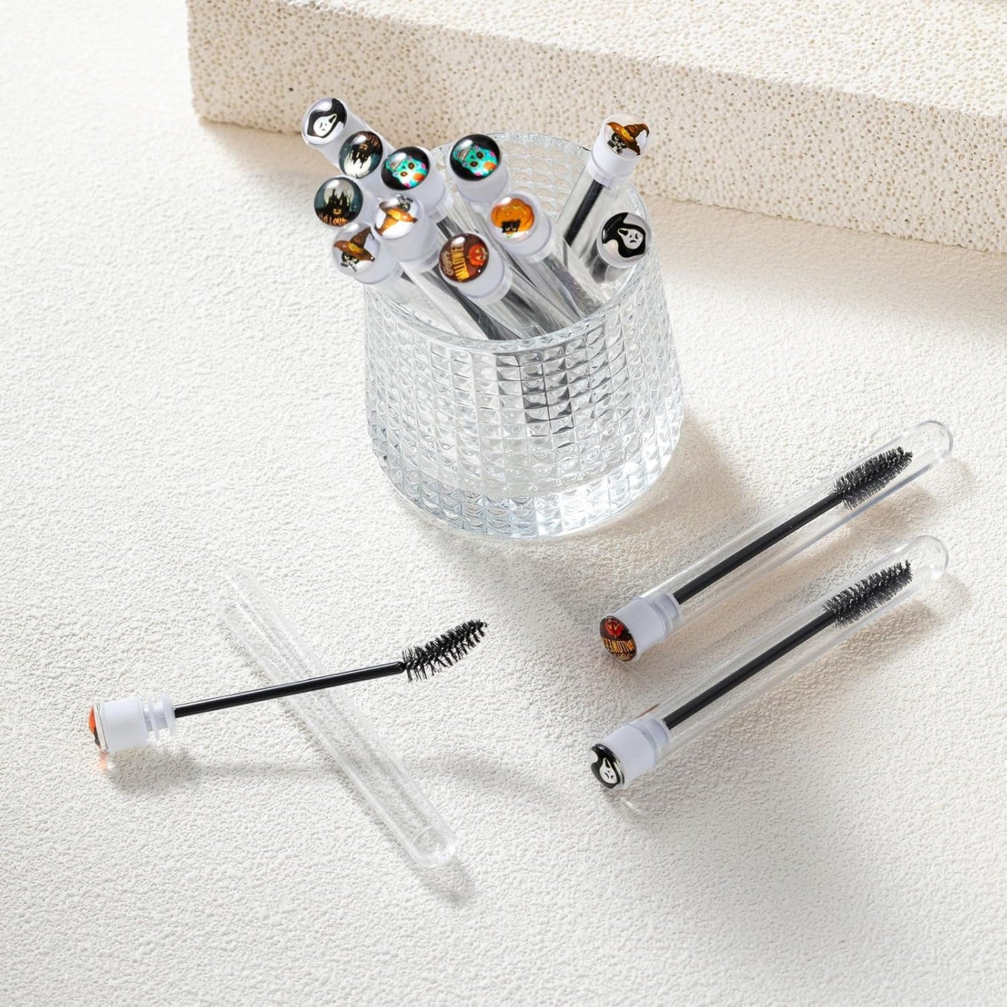 Halloween Party Decration 48 Pieces Disposable Mascara Wands Set, Include 24 Pcs Crystal Lash Spoolies Brush and 24 Pcs Reusable Empty Eyelash Brush Tubes Women Girls Gift Idea