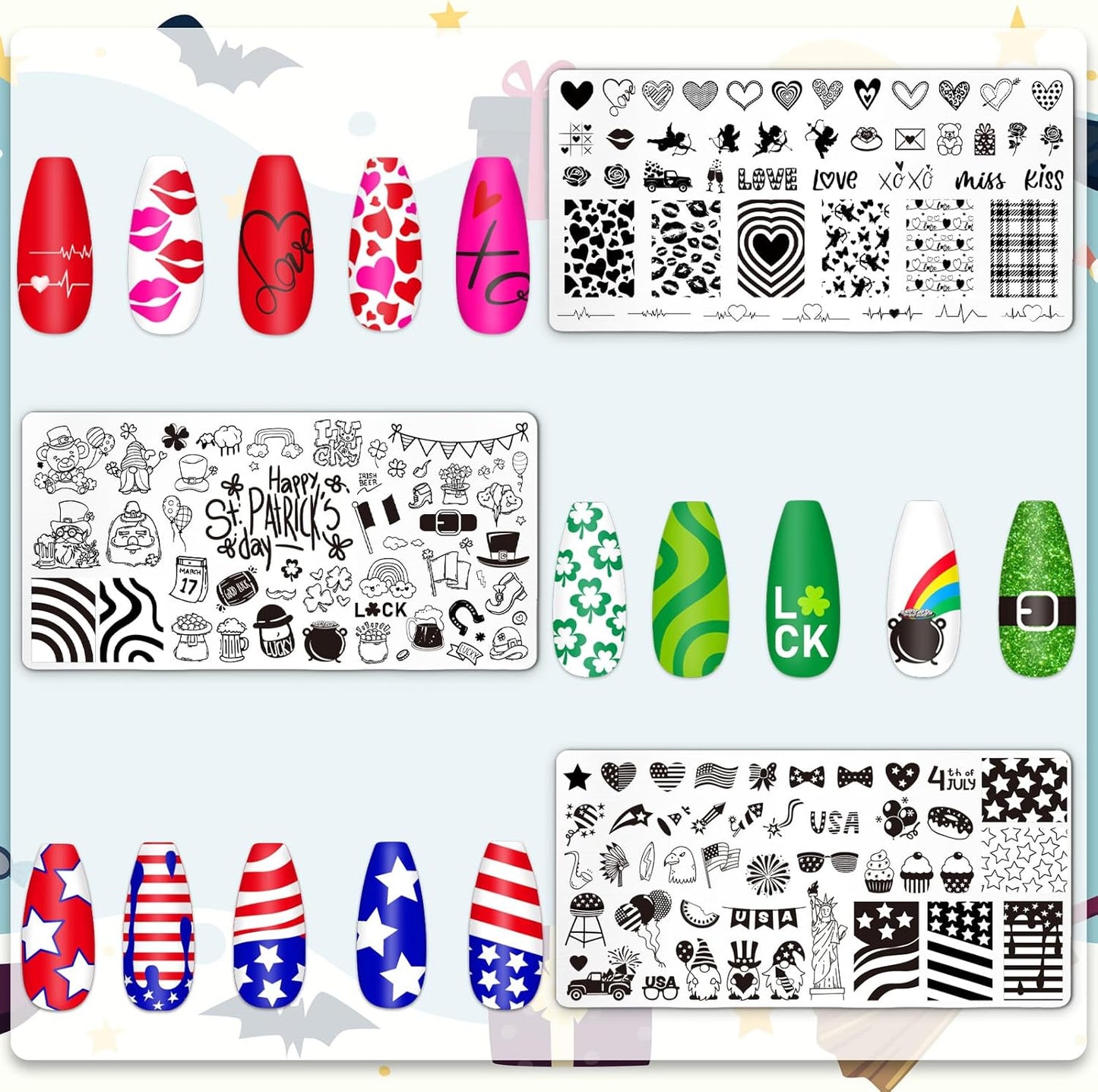 Whaline 6Pcs All Holiday Nail Art Plates Valentines StampTemplates Set Winter Christmas Fall Nail Plates Stamping for Xmas DIY Print Manicure Salon Design Gift
