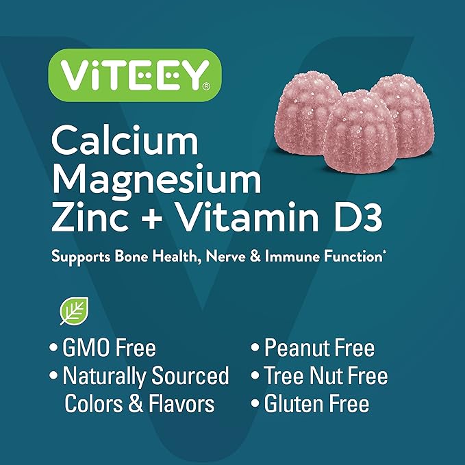 Calcium Magnesium Zinc Gummies with Vitamin D3 - Supports Bone Health, Nerve & Immune Function - Calcium Magnesium Zinc D3 Supplement for Adults & Teens - GMO Free - Chewable Raspberry Flavored Gummy