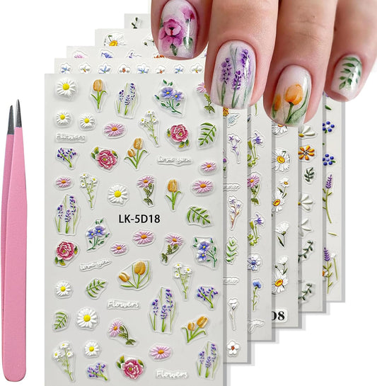 Flower Nail Stickers for Nail Art 5D Embossed Nails Decals Self Adhesive Spring Summer Floral Nails Decoration for Women 3D Design Colorful Flower Daisy Lavender Supplies