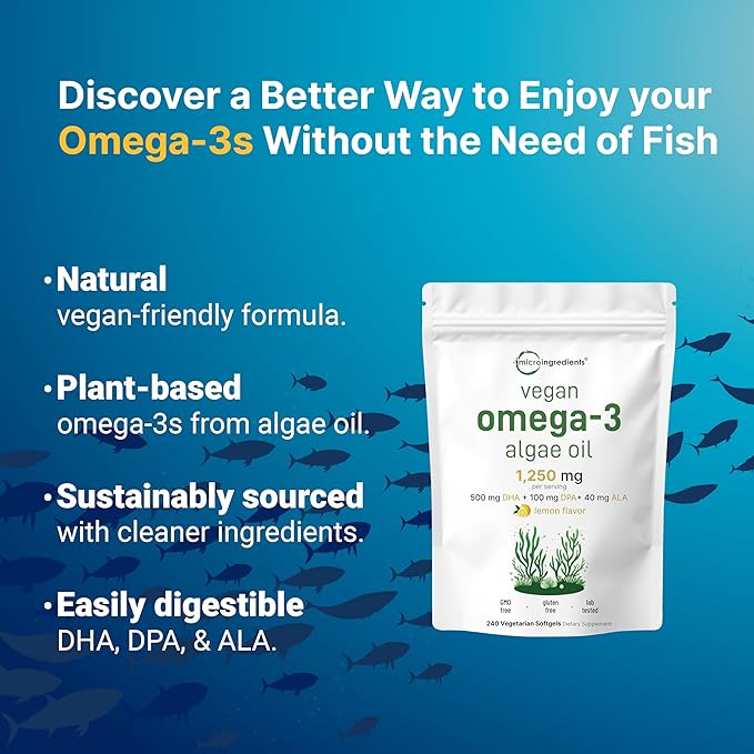Vegan Omega 3 Algae Oil, 240 Veggie Softgels | Fish Oil Alternative | DHA 500mg & DPA 100mg | Carrageenan Free | Plant-Based Omega 3 with Flaxseed & ALA | Lemon Flavored