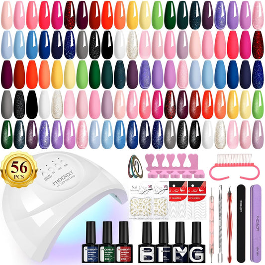 PHOENIXY Gel Nail Polish Kit with U V Light 48W, 56 Pcs 108 Effect Gel Nail Polish Kit Base Glitter Matte Top Coat Manicure Tools Gifts for Women