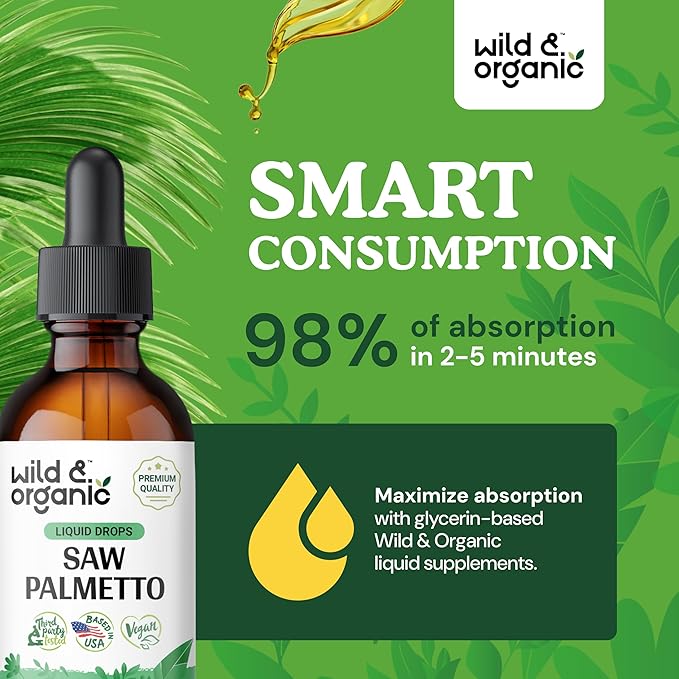 Wild & Organic Saw Palmetto Liquid Drops - Urinary Health w/Saw Palmetto for Men - Alcohol-Free Liquid Saw Palmetto for Urinary Support - Pure Saw Palmetto Supplement - Serenoa Repens - 2 oz