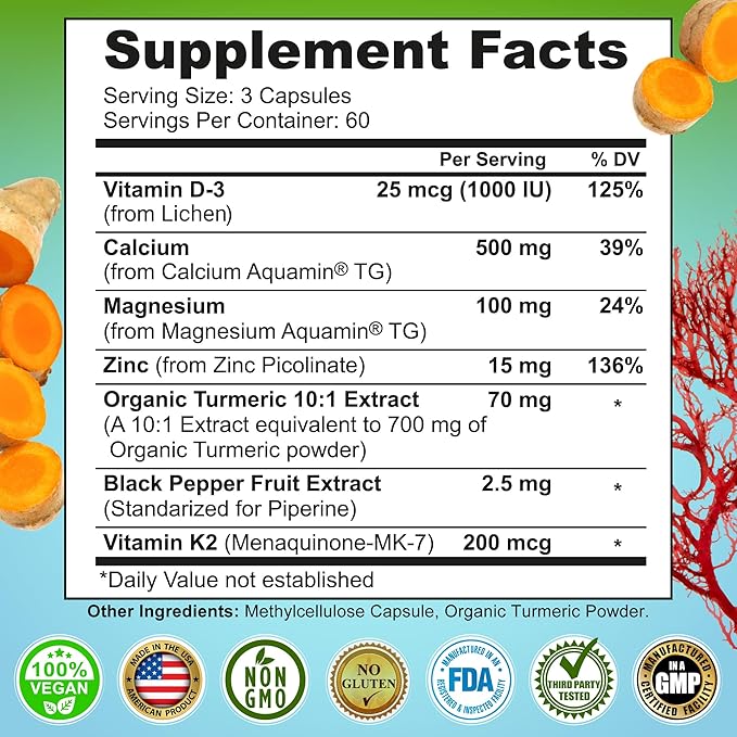 Plant-Based Calcium 500mg (Aquamin) - Vegan Calcium Magnesium Zinc D3 + Vitamin K2, Organic Turmeric & BioPerine - Supports Enhanced Bone Health & Strength for Women and Men - 180 Count