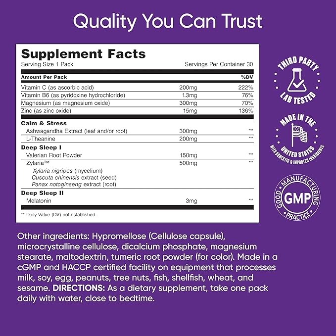 De-Stress & Sleep Daily Multivitamin Supplement, Relaxation, Sleep Onset, Vitamin C, B6, Magnesium, Ashwagandha, Melatonin, L-Theanine, Valerian Root, Zinc, Zylaria (30 Pack)