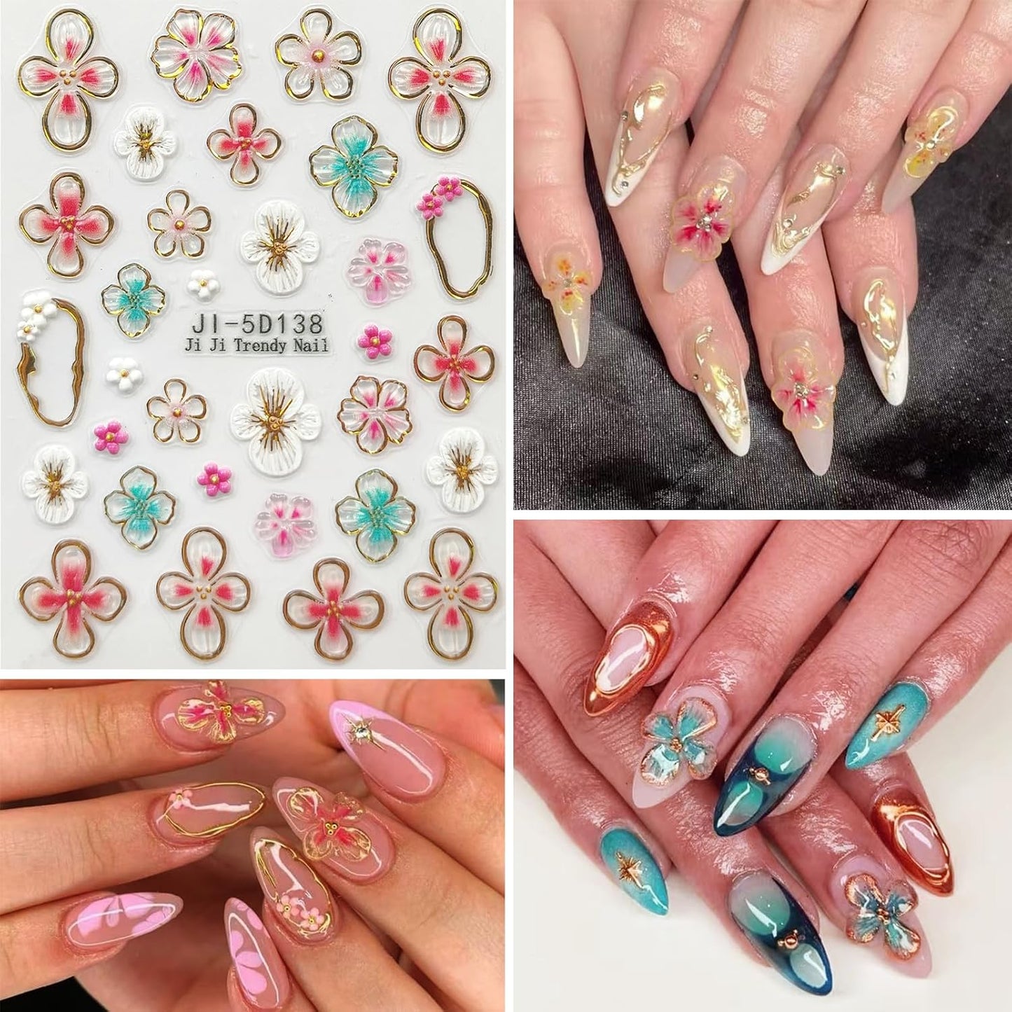 Nail Art Stickers Decals 5D Embossed Flower Nail Decals Self Adhesive Spring Summer Plumeria Nails Supplies 3D Design for Women Decoration Colorful Flower Nails Stickers