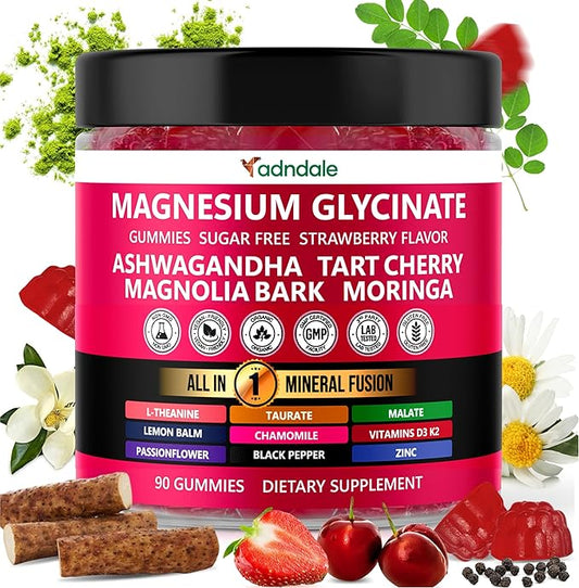 90ct 15-in-1 Magnesium Glycinate Gummies 400 mg/serv- with Magnesium Malate, Ashwagandha, Tart Cherry, Magnolia Bark, Lemon Balm, Passionflower, Chamomile, L-Theanine, Zinc, Vitamin K2 & D3