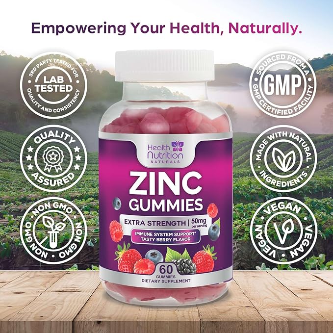 Zinc Gummy for Adults 50mg, Max Strength Bone, Skin & Immune Support Zinc Gummies, Vegan, Non-GMO & Gluten Free, Immune Health Support, Nature’s Antioxidant Chewable Zinc Vitamins - 60 Gummies