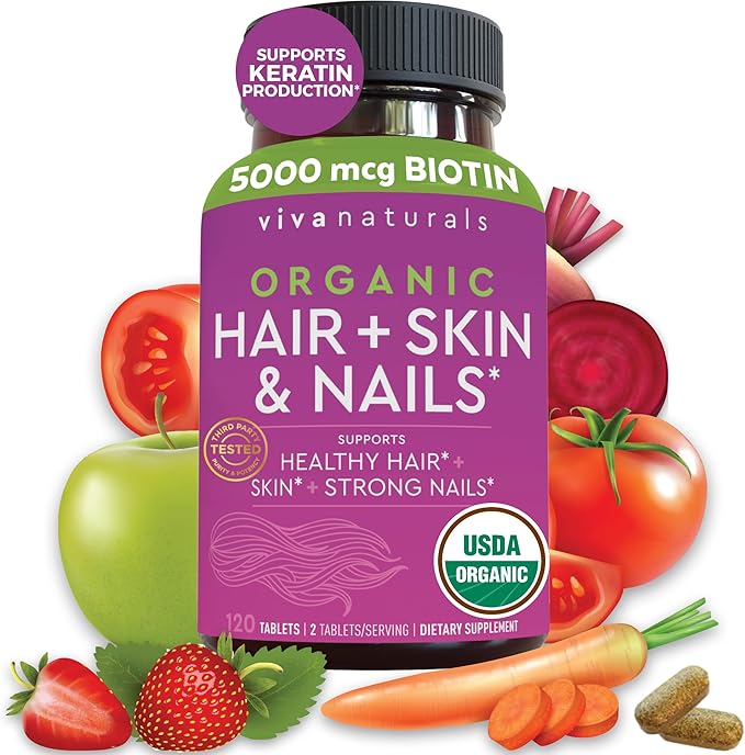 Hair Skin and Nails Vitamins for Women - Vegetarian-Friendly Organic Biotin Vitamins for Hair Skin Nails Health Support with Vitamin E & Biotin 5000 mcg to Help Produce Keratin -120 Biotin Supplement