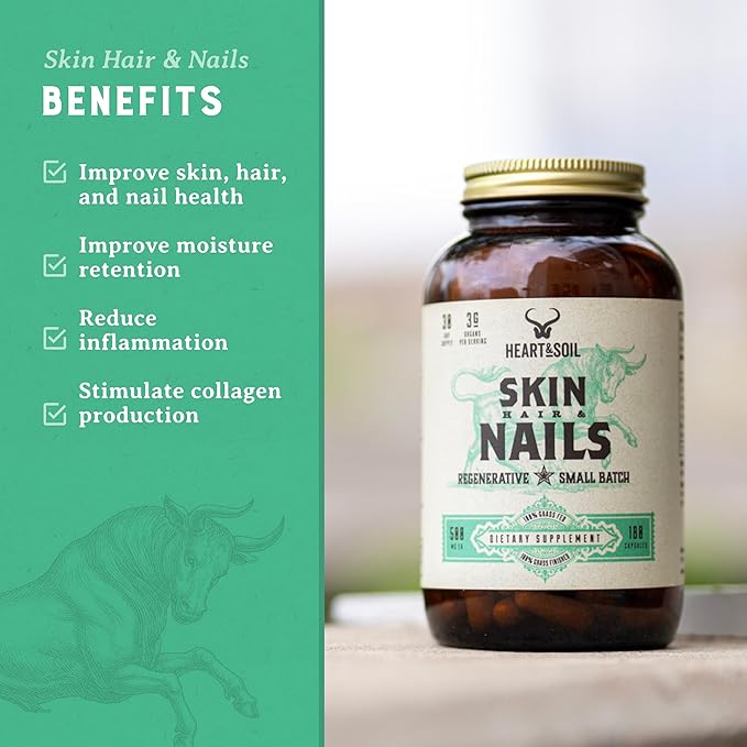 HEART & SOIL - Skin, Hair & Nails Supplement - Hair Skin and Nails Vitamins - Enriched with Biotin, Collagen, Vitamins A & E, Riboflavin, Elastin & More - 180 Capsules