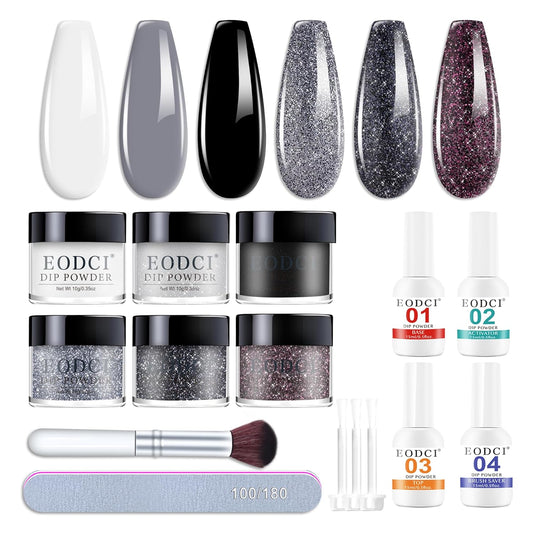 Dip Powder Nail Kit Starter, 6 Colors Glitter Dark Black White Dipping Powder Kit With Base & Top Coat/Activator/Brush Saver, Nail Art Manicure Salon DIY for Daily at Home Party Gifts for Women