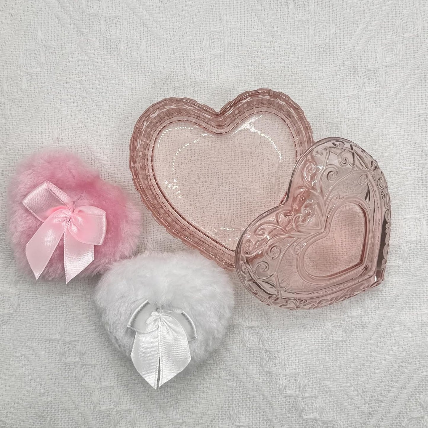Body Powder Puff and Container - Glass Heart Dusting Powder Container with 2 Soft Puffs Vintage Powder Puff Case for Women & Girls-GRB007-Pink