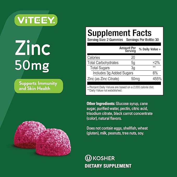 Zinc Gummies Adult & Teens - 50mg - Immune Health Support & Antioxidant Support - Vitamin Zinc Supplement - Vegan, Gelatin Free, GMO Free - Tasty Chewable Berry Flavored Gummy
