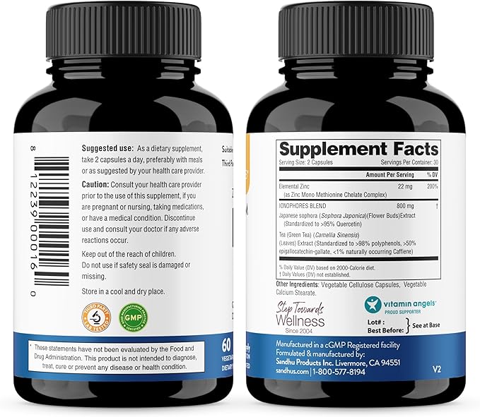 Sandhu's Zinc Supplement with Ionophores| Quercetin & Green Tea Extract for Superior Absorption and High Potency| 800mg Vegetarian Capsules 30 Days Supply| Immune Support for Men & Women| Made in USA