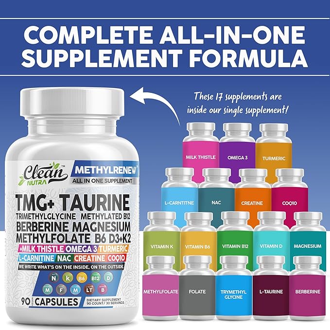 Clean Nutraceuticals TMG Taurine Supplement - Methylated Multivitamin with B6 Vitamins, B12, D3 K2, Magnesium Methylfolate Milk Thistle Omega 3 Turmeric NAC L Carnitine Creatine COQ10 & More, 90 Ct