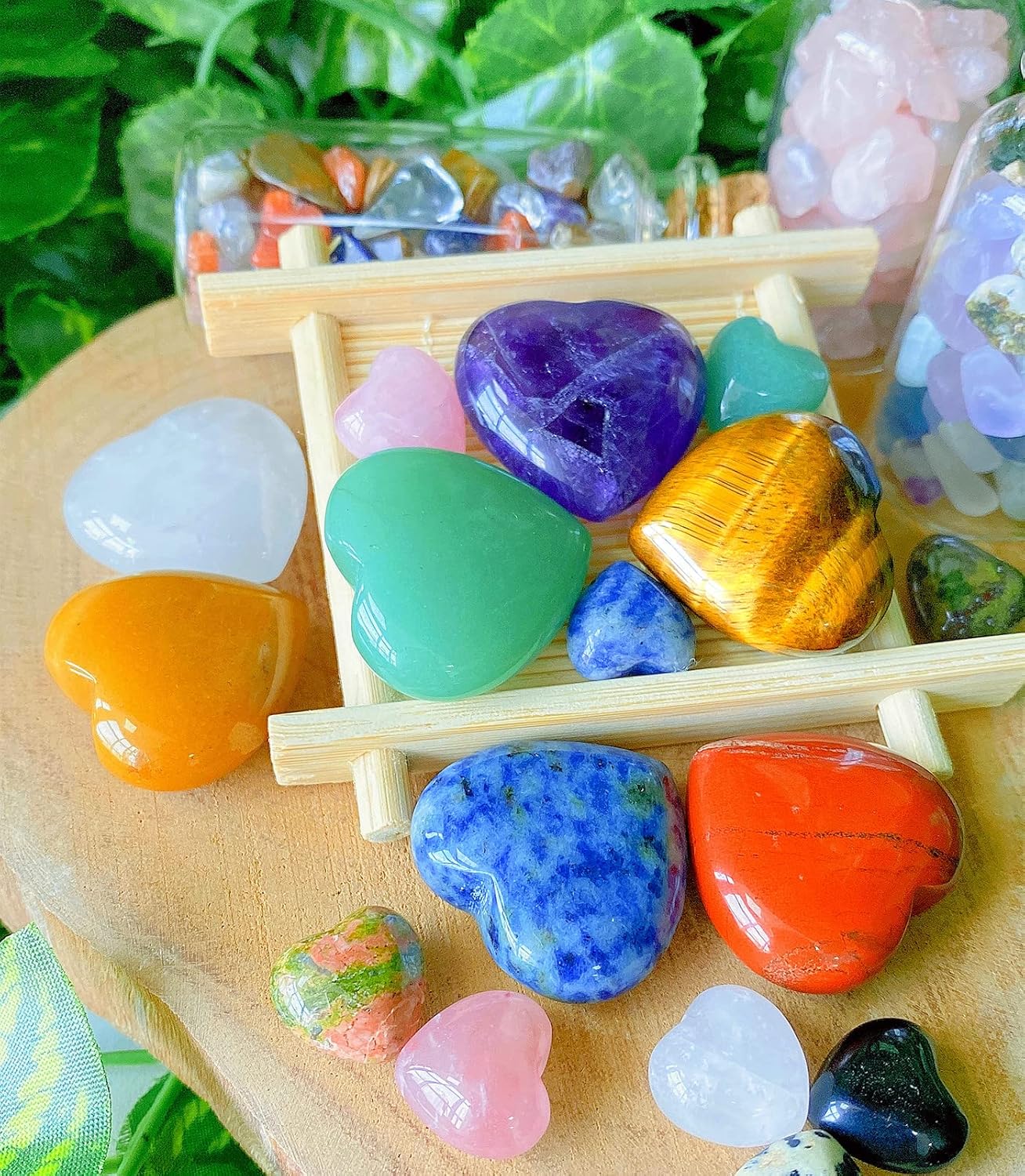 QINJIEJIE 7Pcs 7 Chakras 1.2" Heart Crystal Large Stone Rose Quartz Healing Crystals Love Polished Thumb Natural Palm Assorted Gemstones Reiki Energy Balancing Meditation Gift