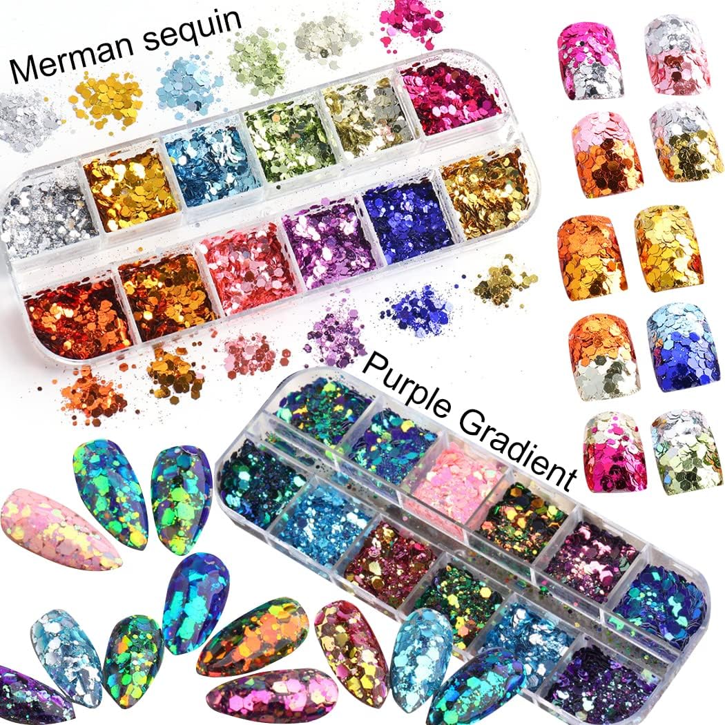 2 Boxes 24 Colors Chameleon Holographic Glitter Mermaid Nail Art Sequins 3D Flakes Laser Gradient Nail Glitter Design Shiny Glitters Powder Accessories for Women Manicure DIY Decorations