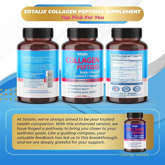 Collagen Peptides 16,780 mg with Biotin + Keratin, Vitamin C + Omega 3 - Radiant Skin, Healthy Joint, Nails - USA Made & Tested (150-day Supply)
