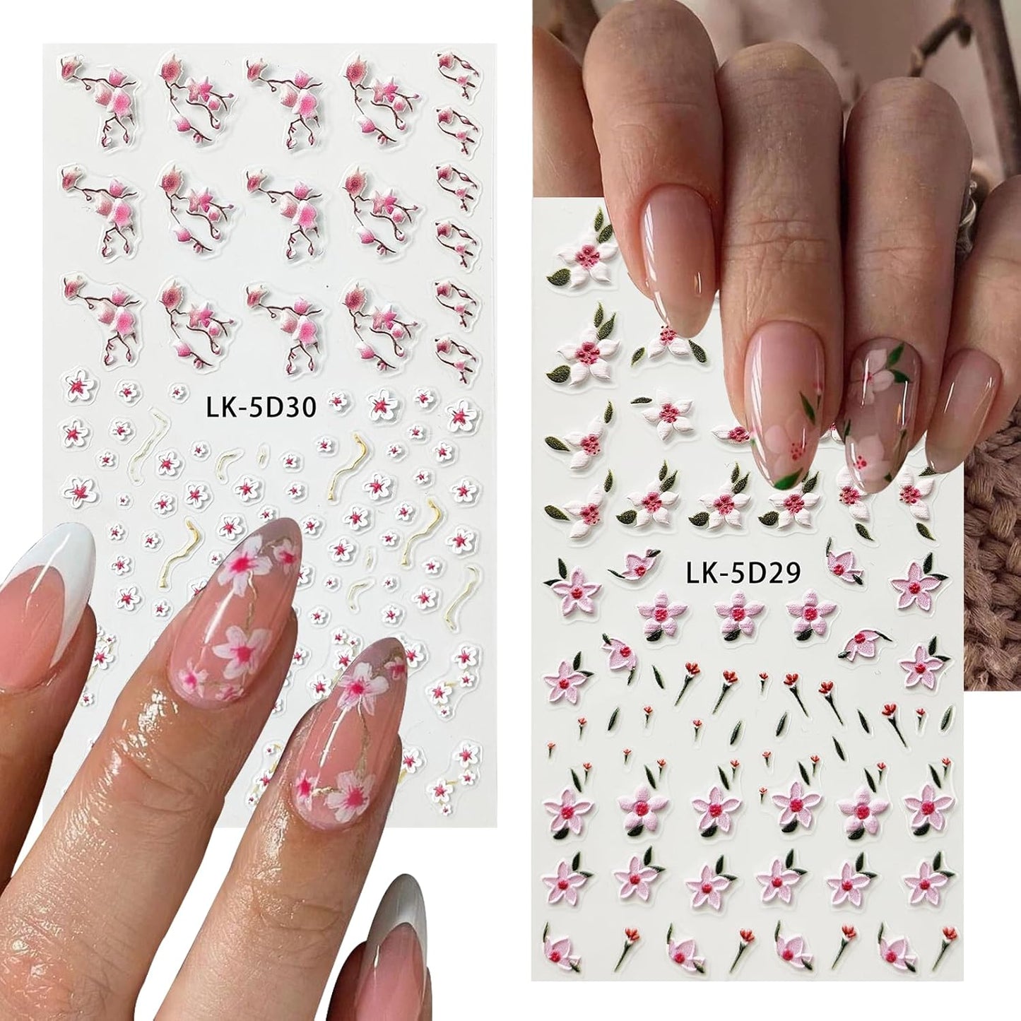 Nail Art Stickers Decals 5D Embossed Flower Nail Decals Self Adhesive Spring Summer Plumeria Tulip Supplies 3D Nails Design for Women Decoration Pink Flower Nails Sticker